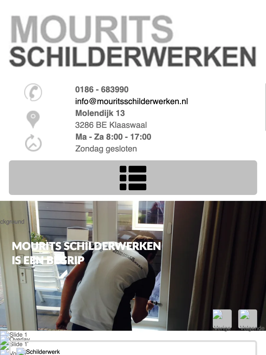 De oude website van Mourits Schilderwerken op mobiel