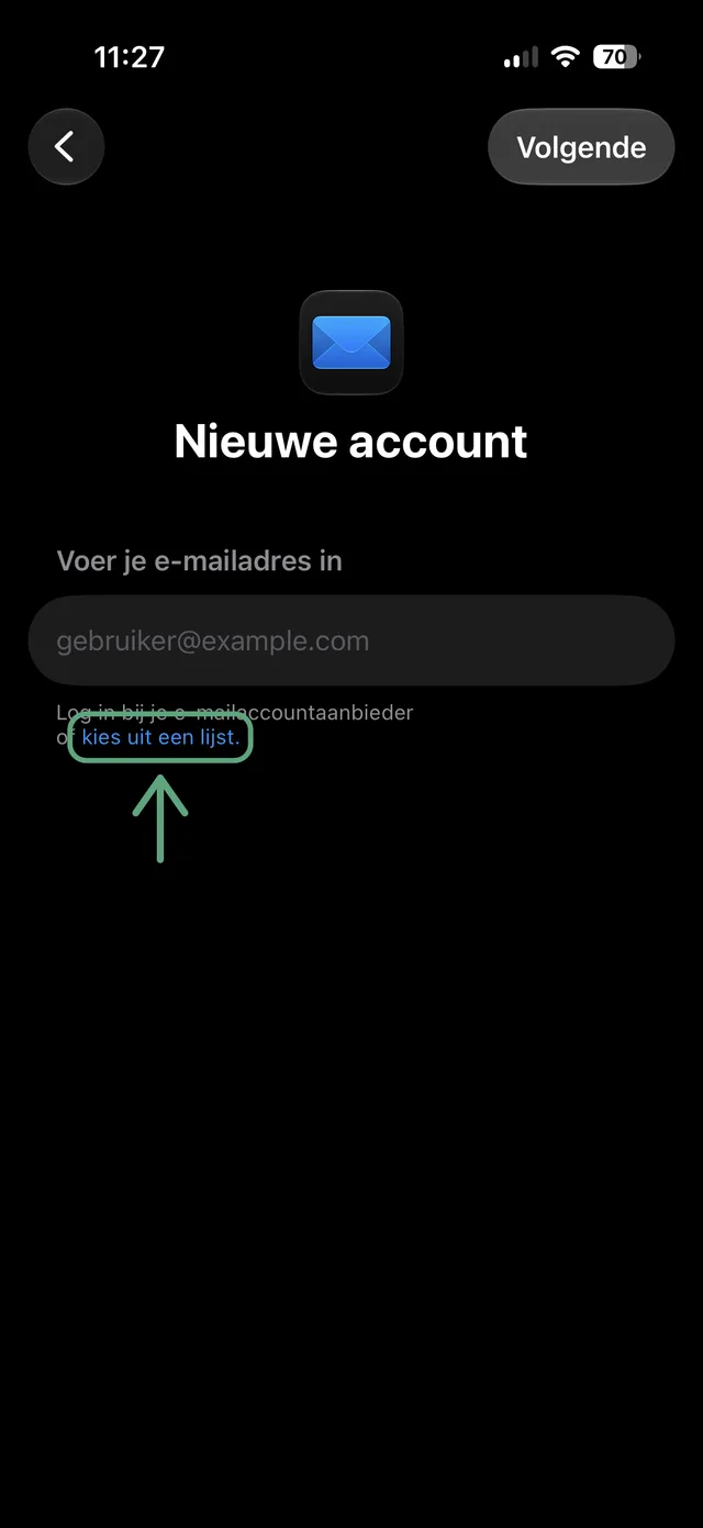 Nieuwe account: 'Voer je e-mailadres in' met de link 'kies uit een lijst'
