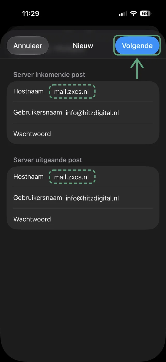 Server inkomende en uitgaande post: hostnaam mail.zxcs.nl, gebruikersnaam je e-mailadres